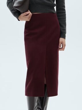 Mango Wine Midi Pencil Skirt with Front Slit